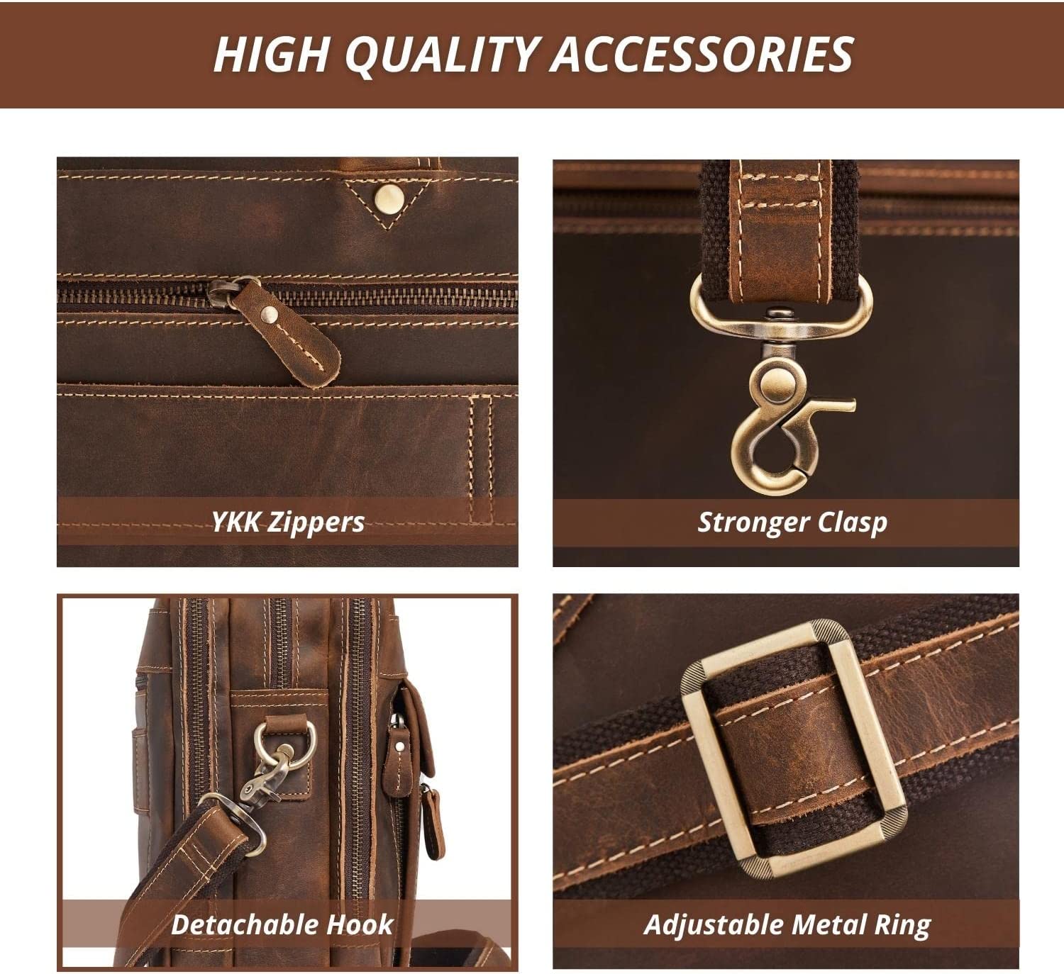 Luxorro Full Grain Leather Briefcase for Men, Top Choice Gifts for Men, Handcrafted Leather Laptop Bag with Multiple Compartments and Brass Hardware, Fits 15.6 Inch Laptop - Image 6